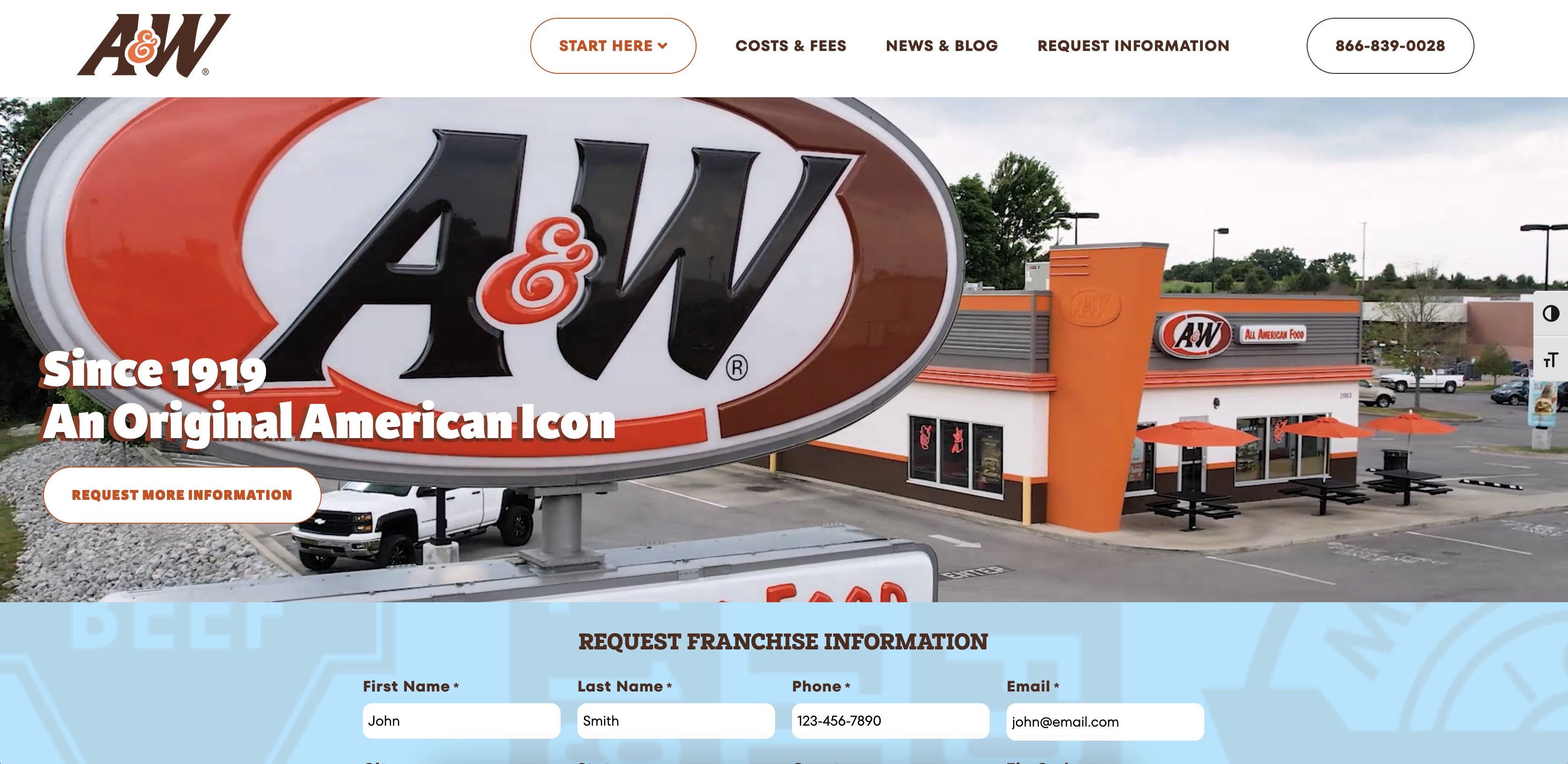 A&W website homepage
